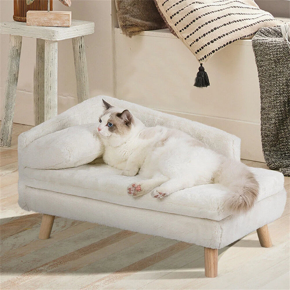 "Luxuriöses erhöhtes Katzensofa – Kuscheliger Liegestuhl mit Rückenlehne, Plüschkissen & Holzbeinen für Katzen"